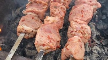 Cooking barbecue. Raw pork meat on a skewer is grilled on coals. Summer rest. Picnic in the country.