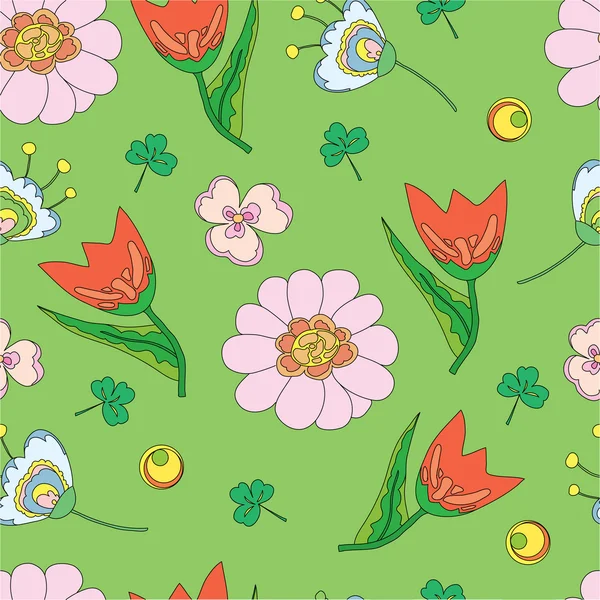 チューリップ、ヒナギク、葉、アスター、クローバーの花柄のパターン — ストックベクタ