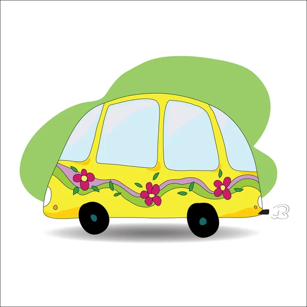 Bus jaune avec fleurs — Stok Vektör