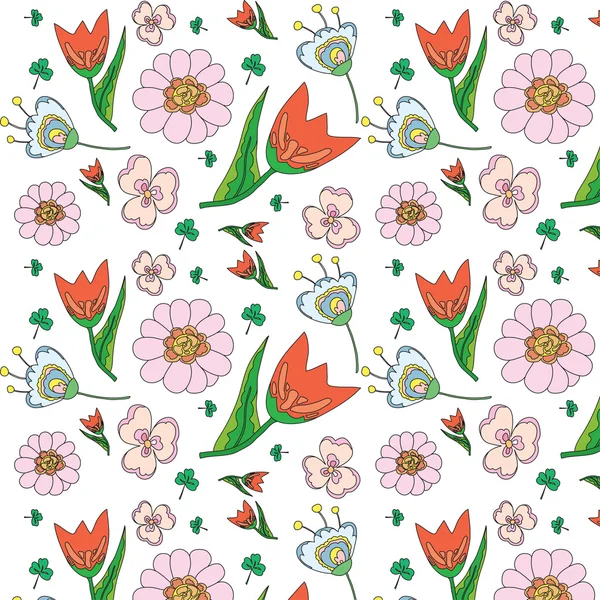 チューリップ、daisiy、葉、アスター、クローバーの花柄のパターン — ストックベクタ