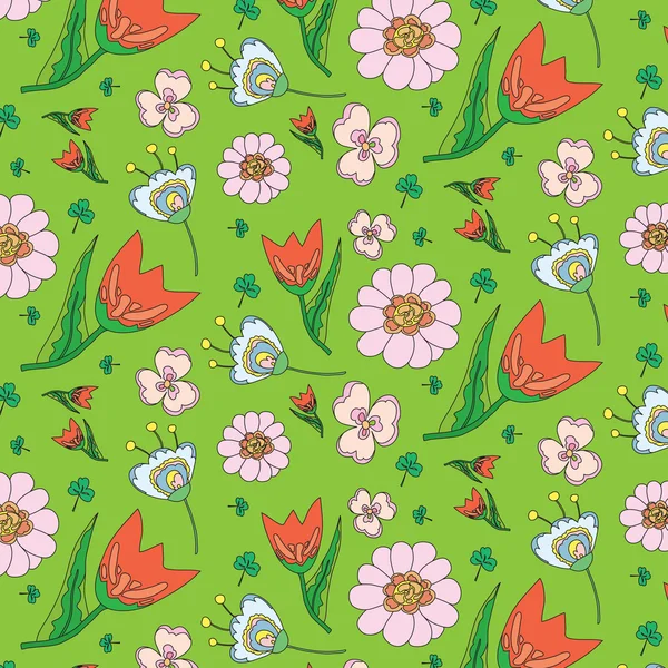 Motif floral avec tulipes, marguerites, feuilles, aster, trèfle — Image vectorielle