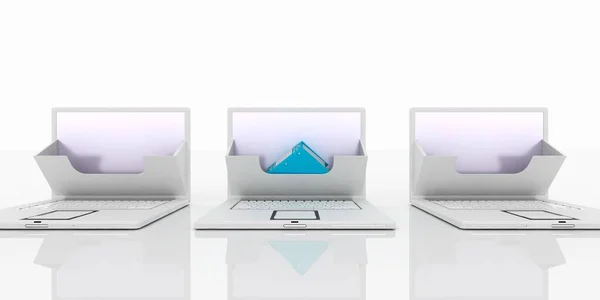 ARCHIVE .Laptop and folders for documents. 3d Render Illustration.