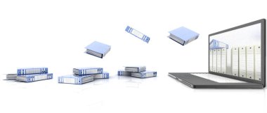 Belgeler için dizüstü bilgisayar ve klasörler. 3d Görüntüleme.