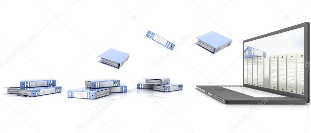 ARCHIVE .Laptop and folders for documents. 3d Render Illustration.