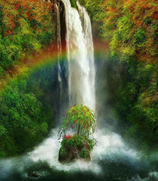 Фантастический водопад и радуга — стоковое фото