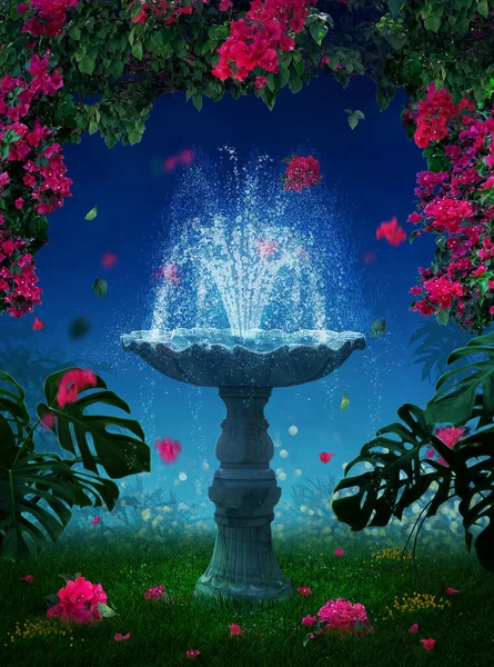 Прекрасний Вид Фонтан Квітучі Рослини Вночі Парку — стокове фото