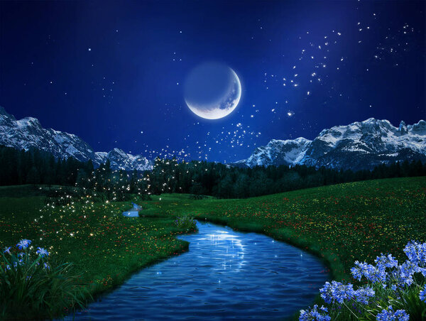 Beautiful night view of a landscape with mountains, river and the moon reflecting on it