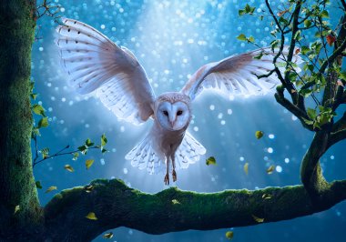 Fantasy owl flying to the branch at night. Photomanipulation. Illustration.