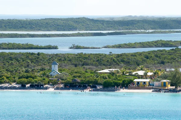 Vista Aérea Playa Turística Isla Half Moon Cay Laguna Detrás — Foto de Stock