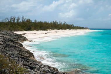 Half Moon Cay 'deki kayalık kıyı şeridi ve kumlu sahil manzarası (Bahamalar)).