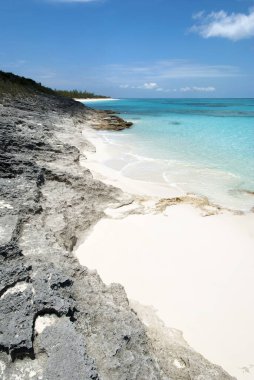 Half Moon Cay 'deki kayalık bir sahil manzarası ıssız bir ada (Bahamalar)).