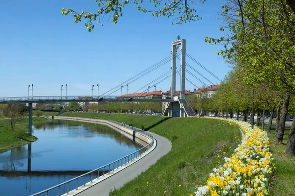 Vista Primavera Ponte Pedonal Independência Que Liga Cidade Kaunas Ilha — Fotografia de Stock