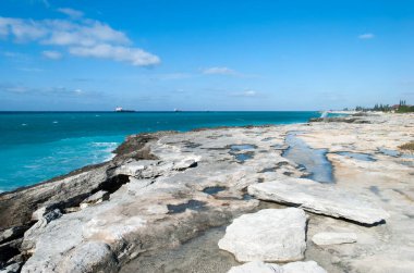 Büyük Bahama adasındaki kayalık kıyı şeridi manzarası ve arka planda sürüklenen kargo gemileri..