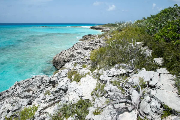 Vista Panorâmica Cor Turquesa Mar Caribe Costa Rochosa Com Uma — Fotografia de Stock
