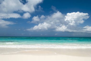 Half Moon Cay 'deki boş bir kumsalın manzarası (Bahamalar)).