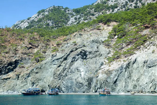 Barche Portato Turisti American Beach Che Sabbia Grigia Provincia Antalya — Foto Stock