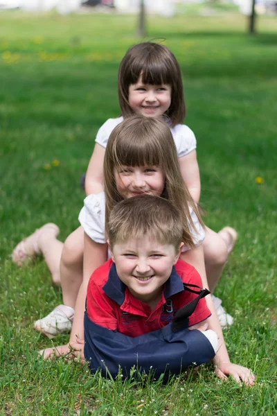 Çimenlerin üzerinde üç canlı çocuk — Stok fotoğraf
