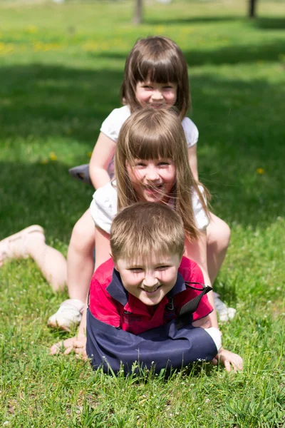 三个活泼的孩子们在草地上 — 图库照片