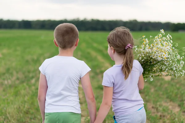 Boy and girl with a bouquet of daisies — Stock Photo, Image