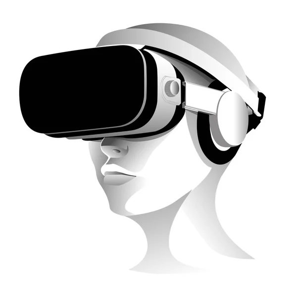 Occhiali Realtà Virtuale Una Testa Persone Occhiali Nero Sfondo Bianco — Vettoriale Stock