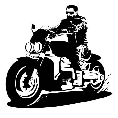 Beyaz arka planda motosikletli bir motorcunun siyah silueti. Deri ceketli, sakallı ve gözlüklü bir adam motosiklet sürüyor. Stok vektör illüstrasyonu