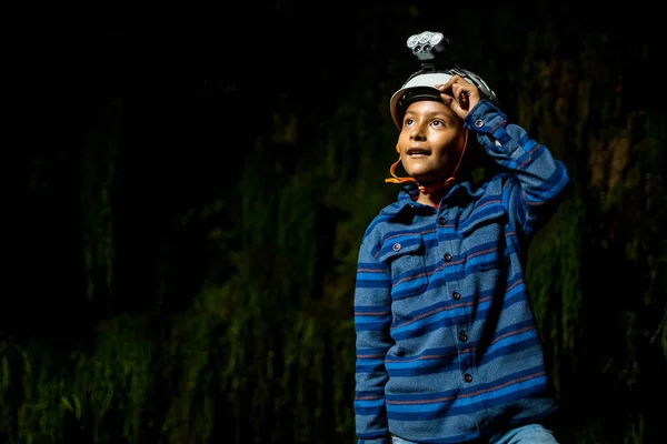 Boy Wearing Helmet Caving Caves — Stock Photo, Image