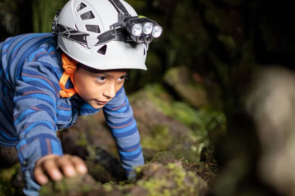 Boy Wearing Helmet Caving Caves — Stock Photo, Image