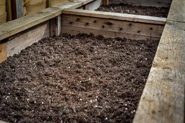 Closeup of large wooden home made planter vegetable box container in backyard garden filled with organic fertile soil ready for planting vegetable seeds.