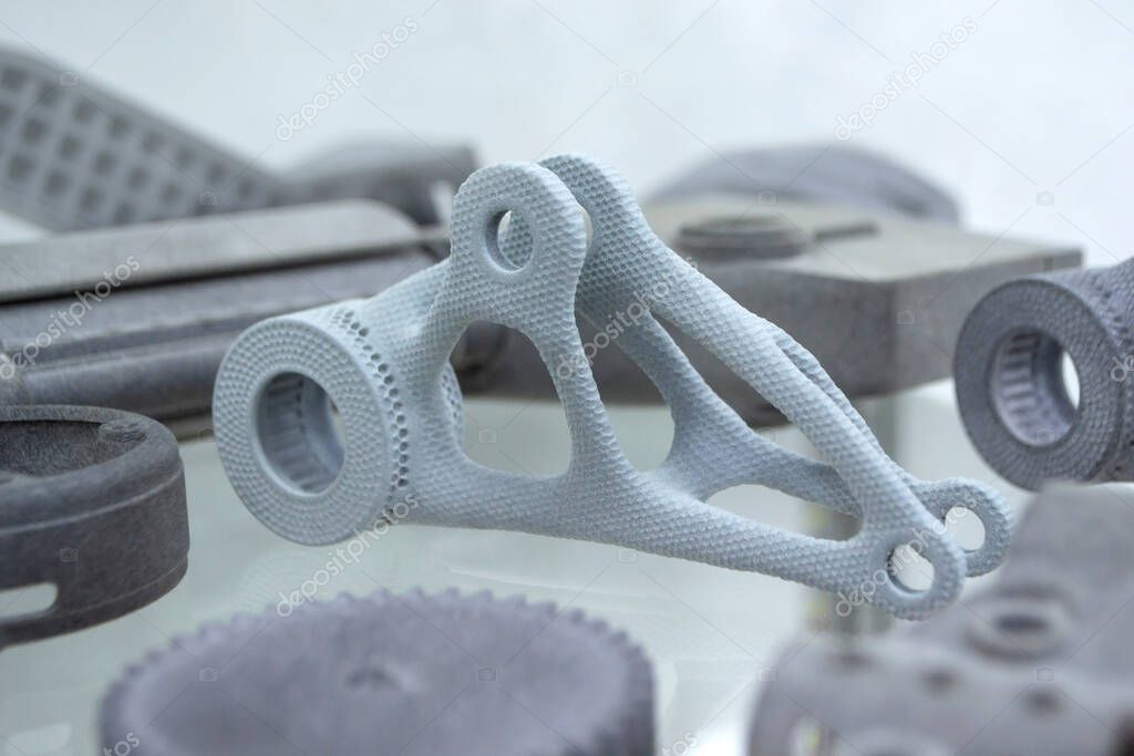 Object printed on industrial powder 3D printer close-up. Multi Jet Fusion