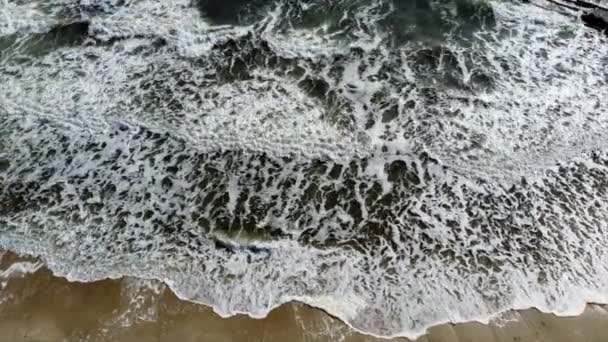Αεροσκάφος να πετά πάνω από κύματα που κυλούν στην αμμώδη ακτή. Άνω όψη — Αρχείο Βίντεο