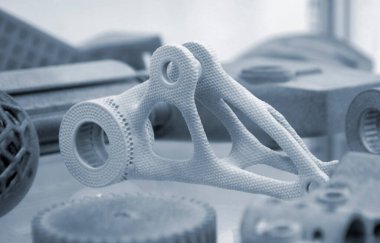Gri nesne toz endüstriyel 3D yazıcıya basılmış. Üç boyutlu