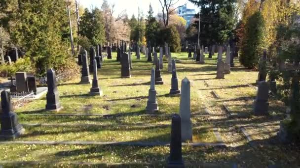 Mezar taşları, mezar taşları, oklarla eski mezarlığın üzerinden insansız hava aracı görüntüsü. — Stok video