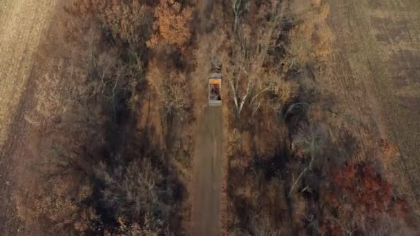Εναέρια Drone View Πτήση πάνω από φορτηγό με ένα άδειο σώμα Οδήγηση κατά μήκος Dirt Road — Αρχείο Βίντεο