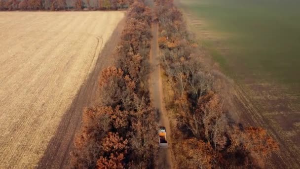 Vuelo aéreo de la vista del drone sobre el camión con un cuerpo vacío que conduce a lo largo de la carretera de la suciedad — Vídeos de Stock