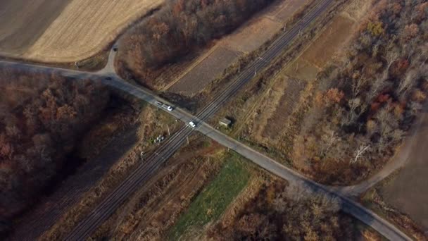 Vista panorámica del cruce del ferrocarril entre árboles Campos Drone aéreo del día de otoño — Vídeos de Stock