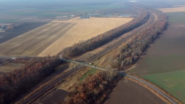Панорамный вид на железнодорожный переход между полями деревьев Осенний день Воздушный дрон — стоковое видео