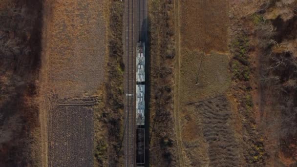 Воздушный беспилотник просматривает полет над движением поезда с вагонами, заполненными углем осенью — стоковое видео
