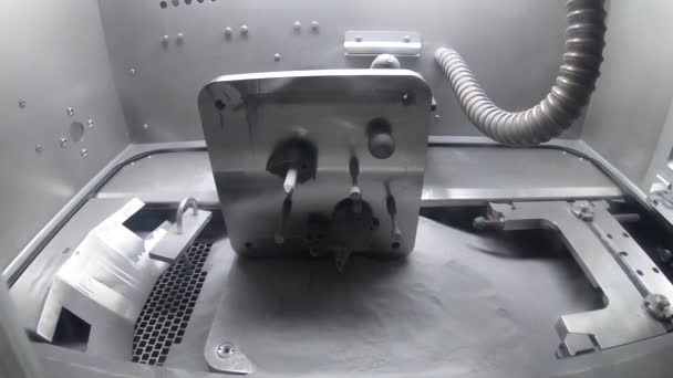 Plataforma con objetos impresos desde soportes de polvo de metal en la cámara de trabajo — Vídeos de Stock