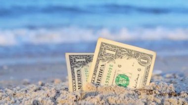 İki tane bir dolarlık banknot, kumlu deniz kıyısında yarı gömülü..