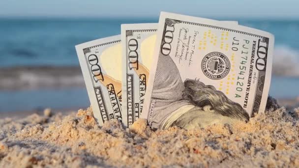 Três notas de cem dólares meio enterradas na areia na praia arenosa close-up. — Vídeo de Stock