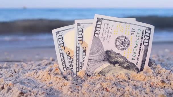 Zwei Ein-Dollar-Scheine halb im Sand am Sandstrand in Großaufnahme vergraben. — Stockvideo