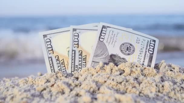 Two one dollar bills half buried in sand on sandy seashore close-up. — 图库视频影像