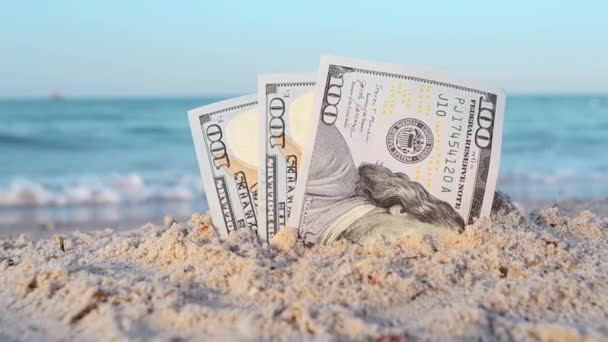 Dos billetes de un dólar medio enterrados en arena en el primer plano de la costa arenosa. — Vídeo de stock
