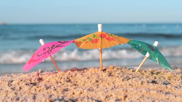 Three small paper cocktail umbrellas stand in sand on sandy beach close-up. — Vídeo de Stock