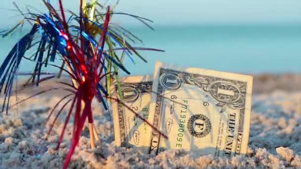 Dollars factures moitié enterré et trois couleurs vives décoration cocktail dans le sable — Video