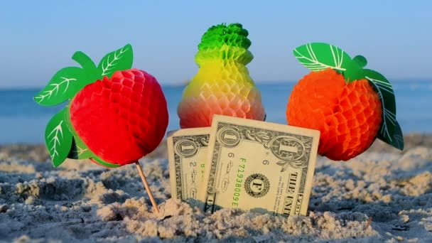 Dos billetes de un dólar y tres frutas de papel en palo en arena en la playa — Vídeo de stock