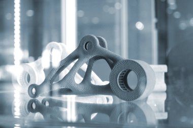 Yakın plan tozdan 3D yazıcıya yazdırılmış gri soyut nesne