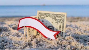 İki tane bir dolarlık kumlu banknot, sarı beyaz kağıt üzerinde deniz sevdiğim kelimeler.