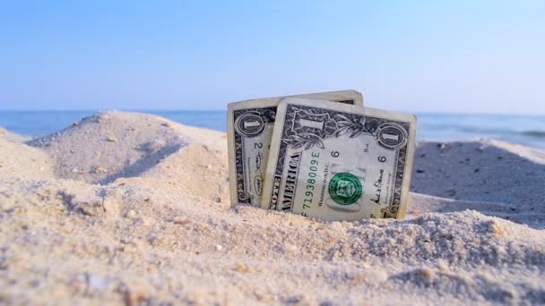 Two old dollar bills in sand on background of sea blue sky on sunny summer day. — 图库视频影像