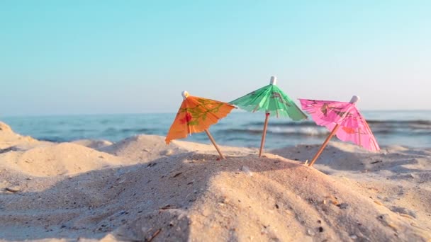 Paper cocktail multi-colored umbrellas on sandy sea beach on sunny summer day — Stock videók